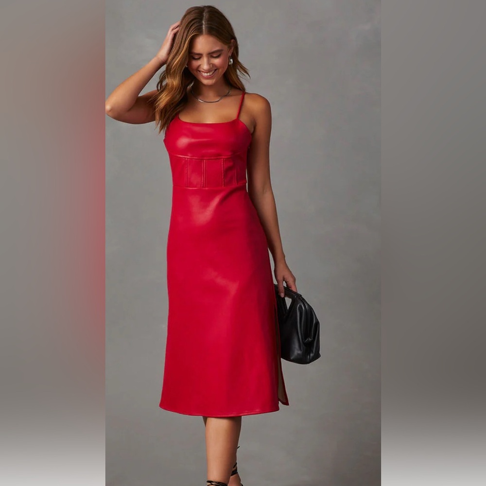 Vici Lovette Faux Leather Red Midi Dress